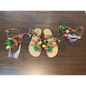 Mystique Sandals Pom Pom Beaded Leather Lace Up‎ Gladiator Flats - Bohemian